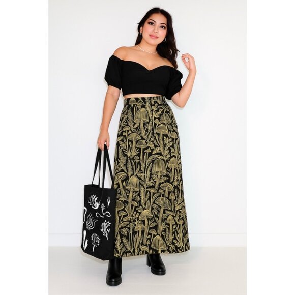 Thief and Bandit Dresses & Skirts - 🔥SOLD🔥Thief and Bandit Gold Black Shroomed Maxi Skirt Women Pockets Mushrooms